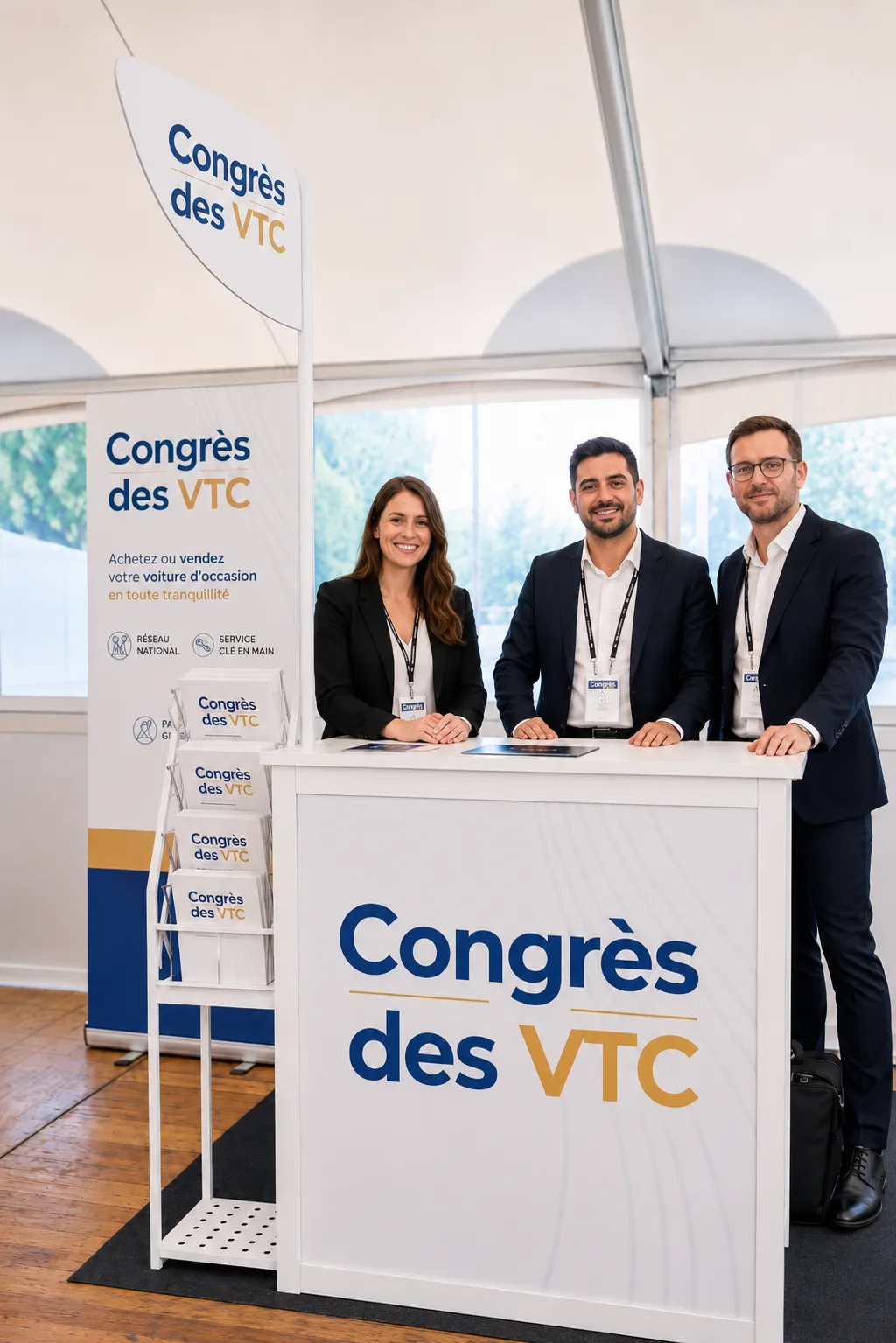 Stand au format Small avec comptoir personnalisé, enseigne haute et présentoir