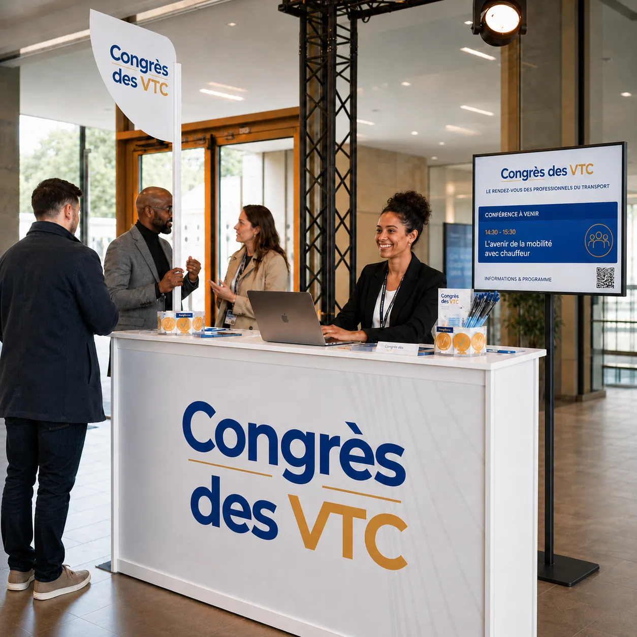 Stand au format Medium avec comptoir de deux mètres et écran d'information