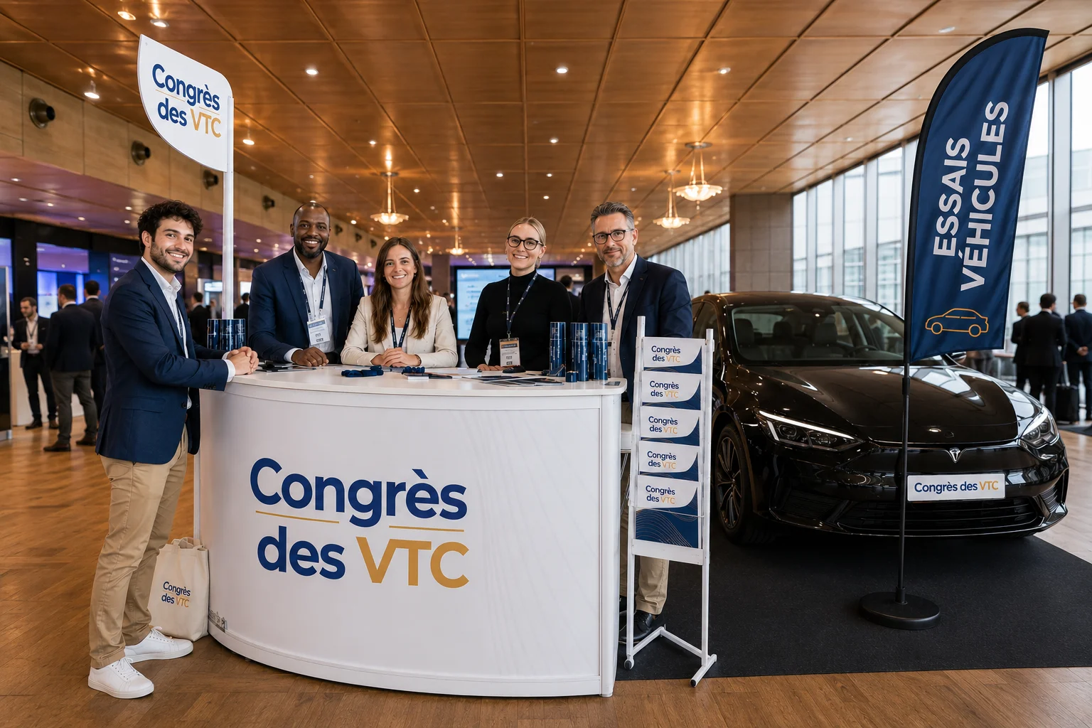 Stand automobile Congrès des VTC avec comptoir d'accueil, équipe et véhicule en exposition statique dans le hall